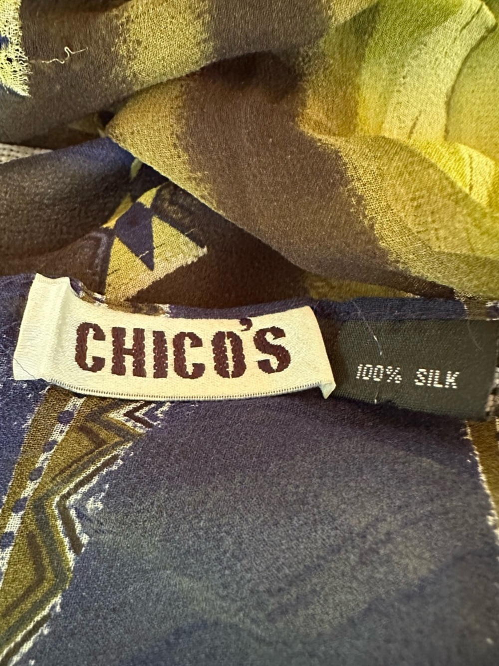 Chico’s Silk Oblong Scarf Artsy Boho Royal Blue & Lime Green Colorblock Designs - Picture 3 of 17